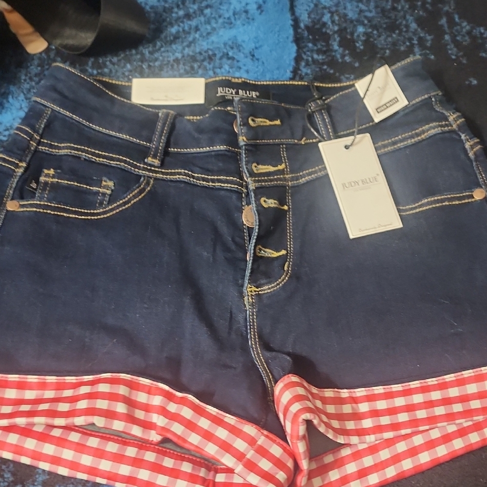 Judy Blue Navy High-Rise Denim Shorts with Red Gingham Trim